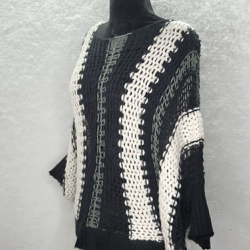 Lumiere Batwing Striped Crochet Knitted Oversized Wool Blend Sweater Size S/M